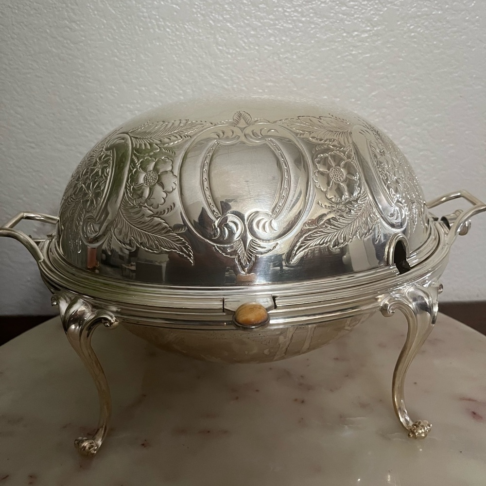 Antique Silver Plated Dome Roll Top Food Warmer - Pumpkin/Wreath Design (Rare)